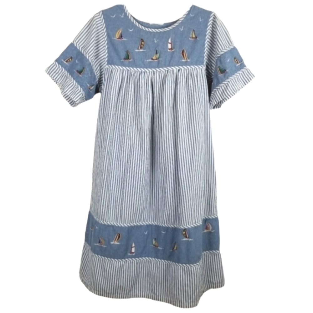 Striped Sailboat Embroidered Short Sleeve Light Denim Dress Summer Nautical S/XS - Picture 2 of 14